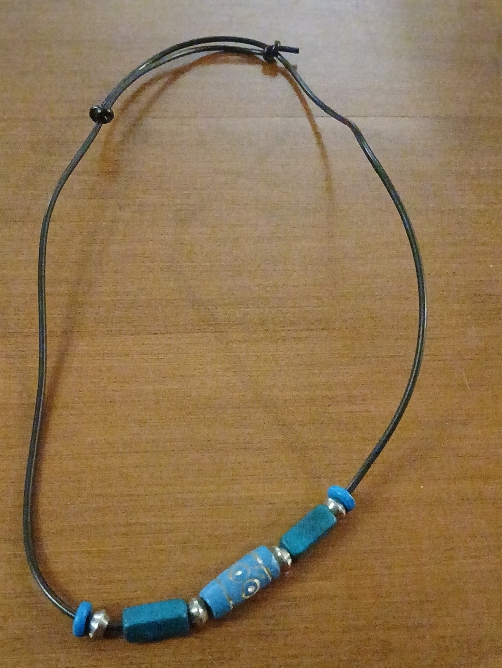Handmade Blue Bead Leather Cord Necklace